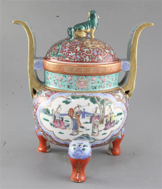 A Chinese famille rose enamelled tripod censer and cover, Qing dynasty, Jiaqing/Daoguang period, 27.5cm high, restoration